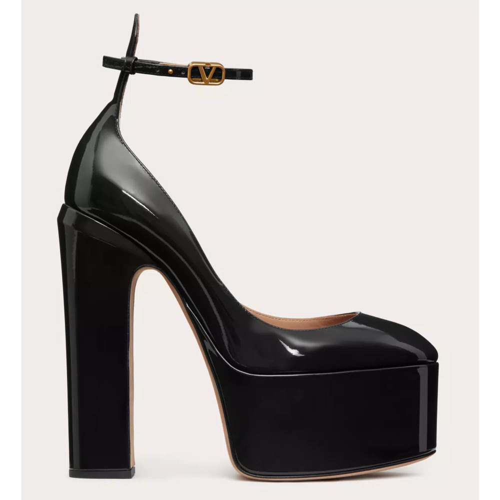 Valentino Rockstud Tan-go Black Patent Leather V Strap Platform Heel Pump 41